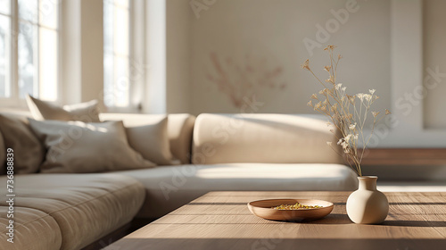 A modern living room, boho style, white furniture, dried flowers and a wooden table.