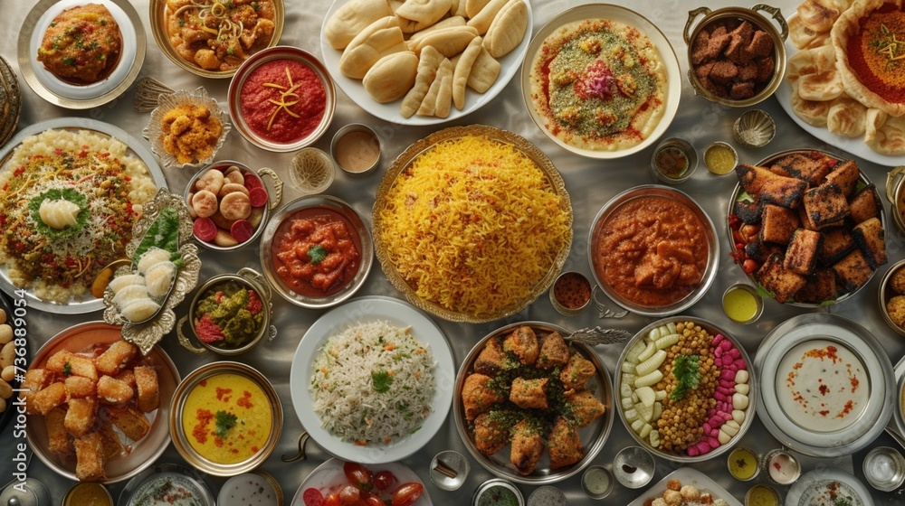 An elaborate Eid feast with a table filled with delectable dishes, from biryani to sweets, symbolizing the abundance and generosity of the occasion. 8K - obrazy, fototapety, plakaty 