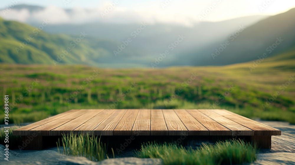 Wooden table or platform with natural landscape in the background for product presentation and advertising.