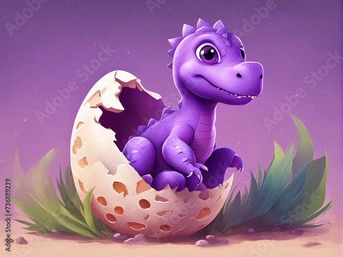 Baby purple dinosaur hatching from an egg.