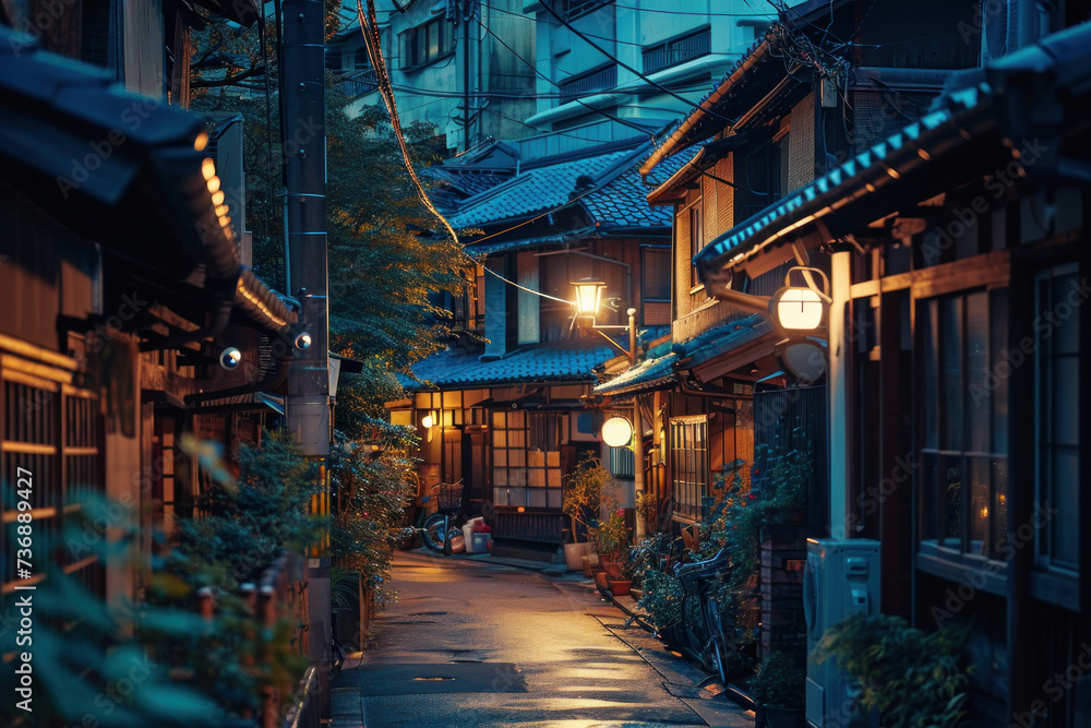 Tranquil street in historic district at dusk. Traditional architecture.