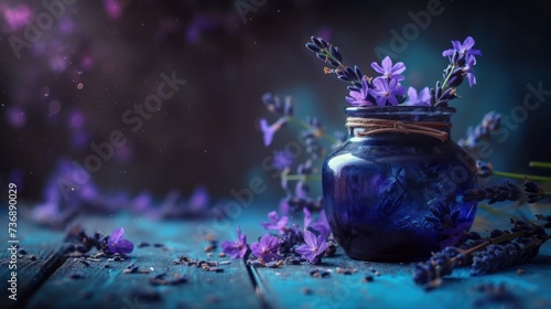  a blue jar filled with purple flowers sitting on top of a wooden table next to a bunch of purple flowers. photo
