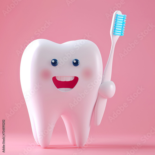illustration of tooth with toothbrush on pink, AI generated