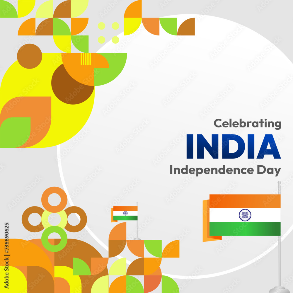 Indian Independence Day banner in colorful modern geometric style. Square greeting card cover Happy national independence day with typography. National holiday celebration party background Indian Independence Day banner in colorful modern geometric style. Square greeting card cover Happy national independence day with typography. National holiday celebration party background