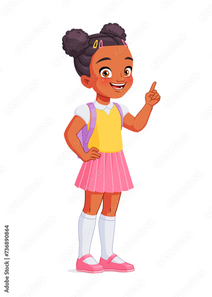 Little African American school girl index finger pointing up with idea. Cartoon vector illustration. Little African American school girl index finger pointing up with idea. Cartoon vector illustration.
