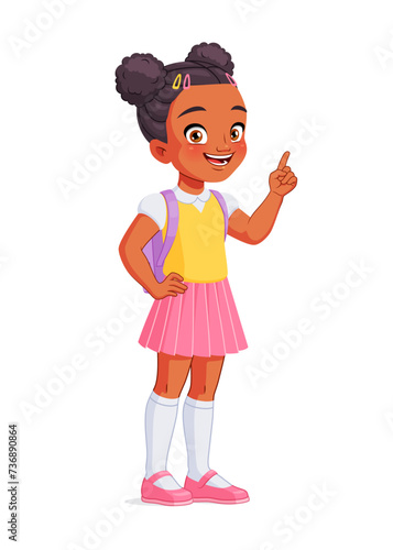 Little African American school girl index finger pointing up with idea. Cartoon vector illustration.