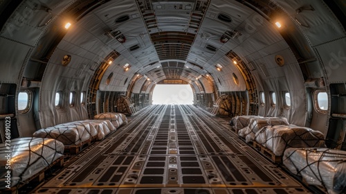 The interior of a military transport plane with cargo or aid for Ukraine.