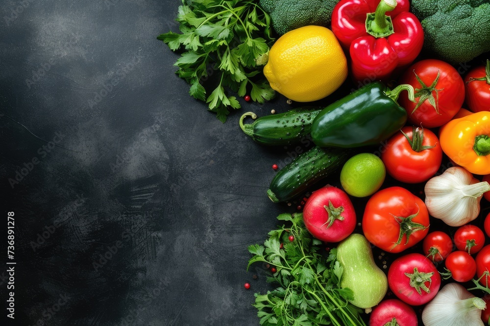 Fresh Vegetables on Black Dark Background, Top View, Copy Space Fresh Vegetables on Black Dark Background, Top View, Copy Space