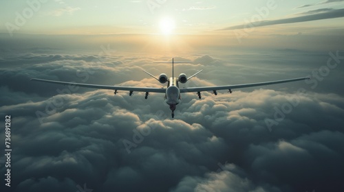 Unmanned military drone flying in the sky above the American technology clouds photo