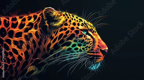  a close up of a leopard's face on a black background with a green, orange, and yellow pattern.