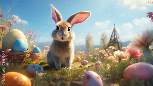 Easter bunny with colorfully colored Easter eggs in the field - greeting card - Easter eggs colorfully painted by children