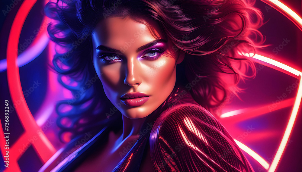Glamorous Fashion Model in Club: Neon Lights Illuminate Stylish Woman Glamorous Fashion Model in Club: Neon Lights Illuminate Stylish Woman