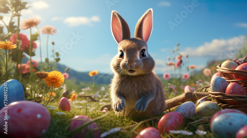 Easter bunny with colorfully colored Easter eggs in the field - greeting card - Easter eggs colorfully painted by children