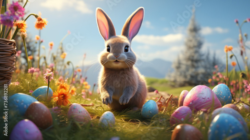 Easter bunny with colorfully colored Easter eggs in the field - greeting card - Easter eggs colorfully painted by children