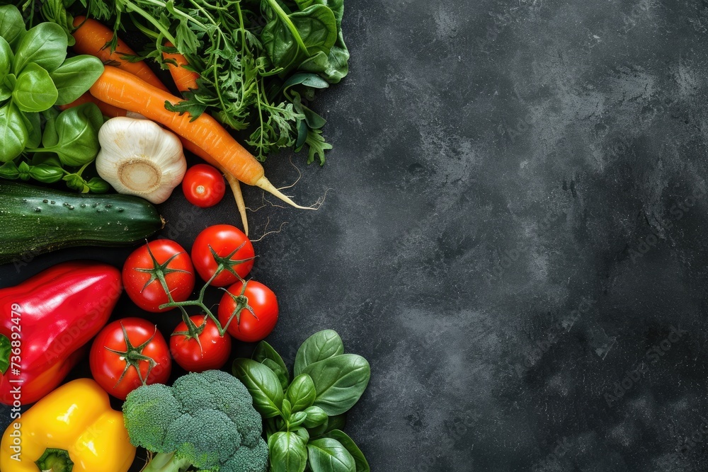 Fresh Vegetables on Black Dark Background, Top View, Copy Space Fresh Vegetables on Black Dark Background, Top View, Copy Space