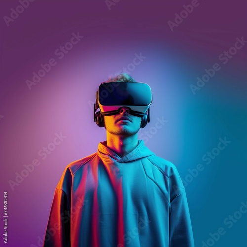 Western Blond Young Adult Man Wearing VR Headset, Square Photo Portrait with Purple and Blue Background, Neon Studio Lighting, and Empty Copy Space © Clearmind