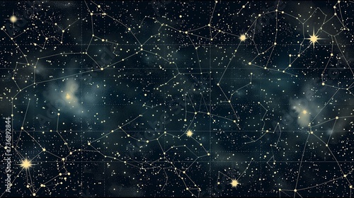 Fototapeta Naklejka Na Ścianę i Meble -  Starry night sky map with constellation lines and nebula clouds