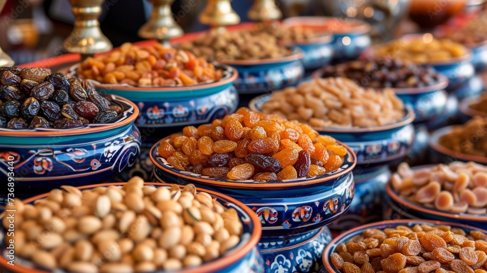A visually appealing arrangement of assorted dates, nuts, and dried fruits served in ornate bowls as part of a Sehr feast. 8K