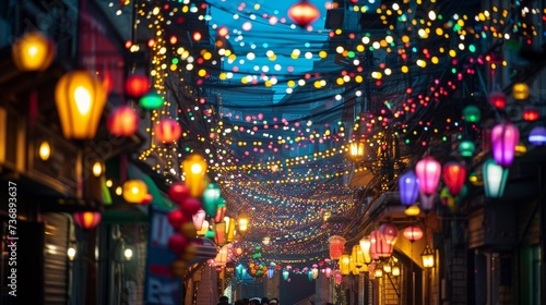 The streets adorned with colorful lights, banners, and festive decorations, creating a lively and enchanting ambiance during Eid ul Fitr. 8K