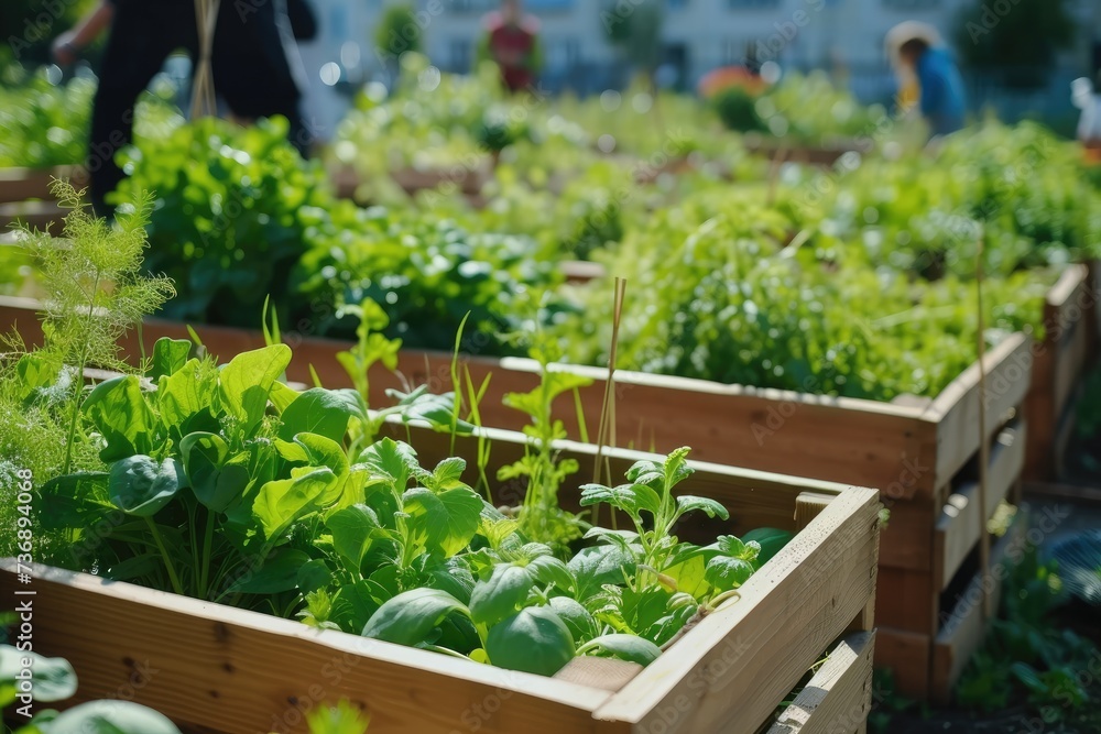 Wooden raided beds in an urban garden. People harvesting fresh vegetables, herbs spices in city urban community garden near their home. Sustainable living lifestyle Wooden raided beds in an urban garden. People harvesting fresh vegetables, herbs spices in city urban community garden near their home. Sustainable living lifestyle