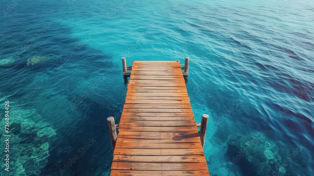 a wooden dock in the middle of a body of water with clear blue water and corals in the background. a wooden dock in the middle of a body of water with clear blue water and corals in the background.