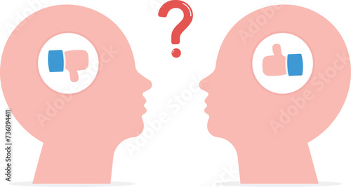 Perception process to interpret information, thought or opinion depend on personality or perspective, difference bias or illusion concept, human head looking at object with difference perception.

