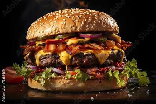 stylist and royal Bacon cheese burger with beef patty tomato onion, hamburger menu, space for text photo