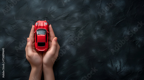 Car insurance concept.Safety of auto. Car toy in female hand, copy space, generative ai