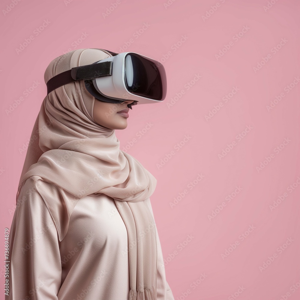 Fototapeta premium Muslim Arab Young Adult Woman Wearing a Hijab, Isolated on Left, Using VR Headset, Square Photo Portrait with Pastel Pink Background, Studio Lighting, and Empty Copy Space