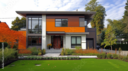 The facade of this home is a true work of art with intricate color blocking creating a tapestry of earthy browns warm oranges and crisp whites.