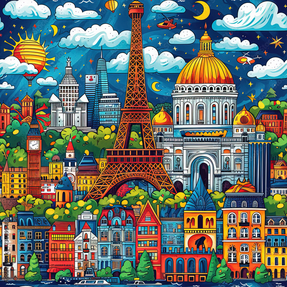 Obraz premium Travel themed collage origami colorful pop art line art scrapbook moodboard seamless repeat pattern, Europe, USA, world 