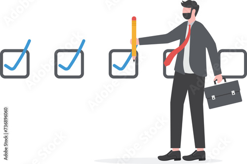 businessman pencil-categorized sticky notes work on completed checkbox to reach goal finished checklist, project progression progress to target concept vector

