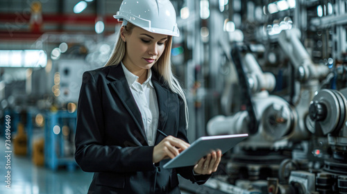 Confident female engineer using a tablet in an industrial manufacturing plant