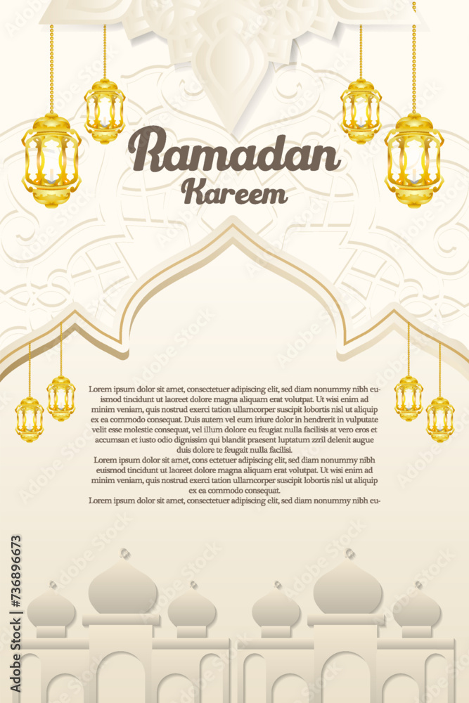 Elegant glamour background and poster Ramadan Kareem with gradient style and realistic icon
