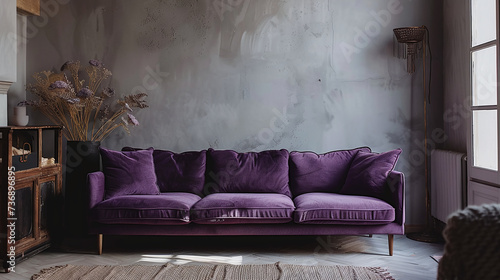 Furniture decorates the house with purple tones and a living room with a sofa. Ai generate.  photo