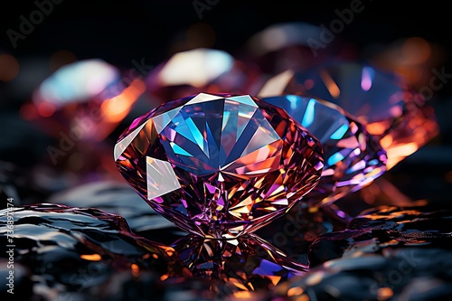 Numerous diamonds sparkling and colorful surface  showcasing luxury and wealth. Isolated on a black or dark background. Shallow depth of field