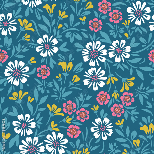 Floral pattern of white, pink and yellow flowers and green leaves on a dark green background.