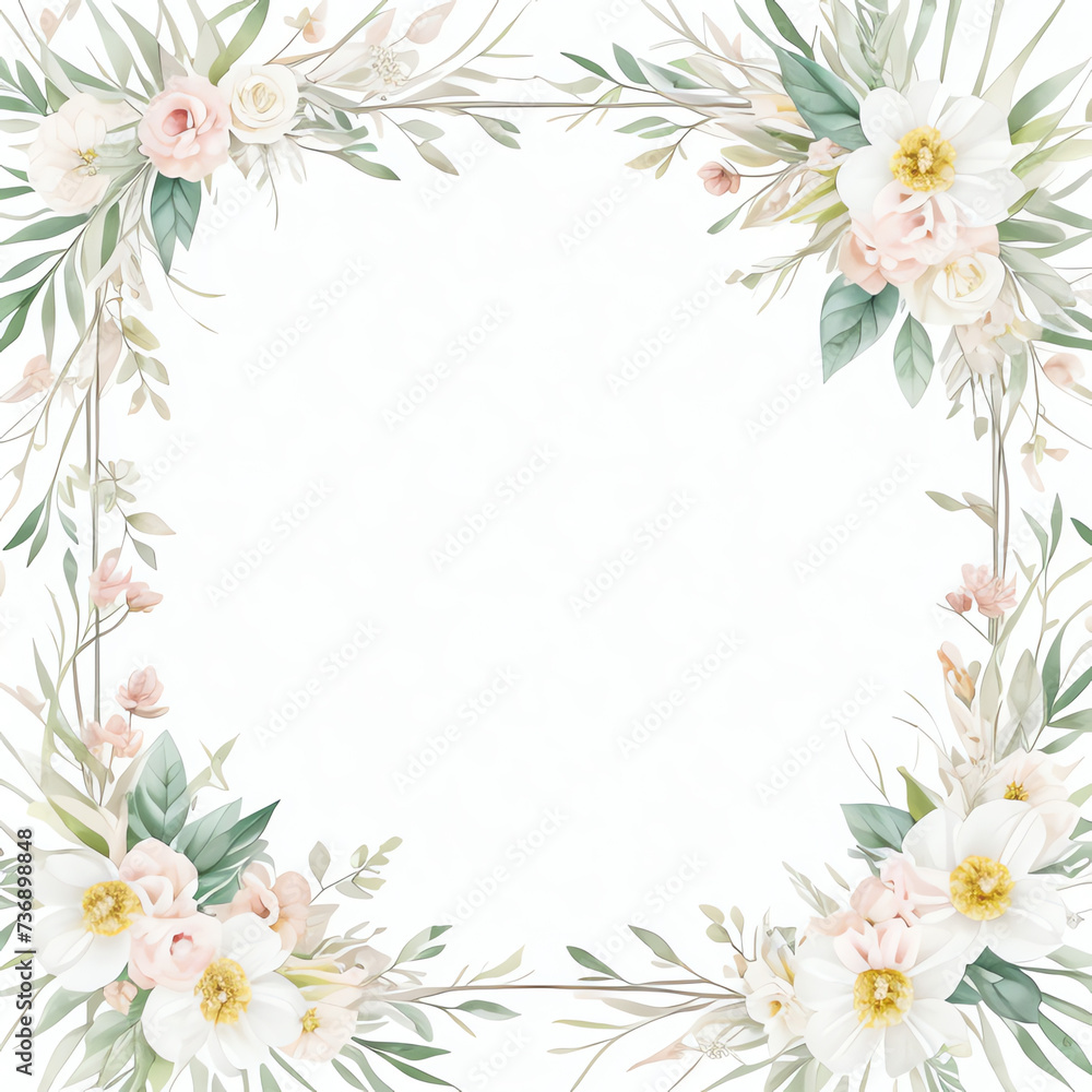 Fototapeta premium flower frame vintage with border line, isolated on white background, 2d flat graphic illustration design, greeting cards, celebration empty mock up frame 