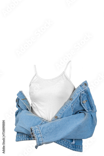 White t-shirt and denim jacket, white background. Mockup, Blank, ready for design.