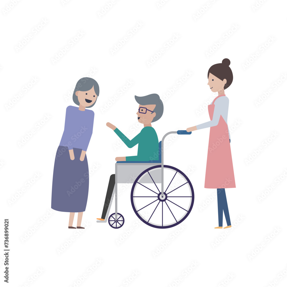 笑顔の老夫婦と介護士と車椅子 笑顔の老夫婦と介護士と車椅子