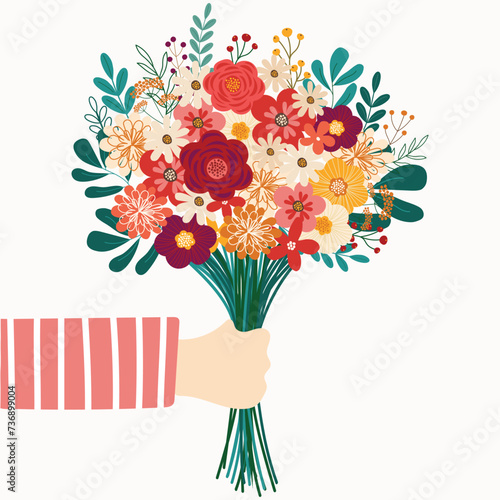 Hand Holding Spring Wild Flowers Bouquet | Floral Clipart Vector | Colorful Flower Illustration for Decoration, Invitation, Greeting Cards, Wedding, Birthday, Party, Poster, Banner, Textiles