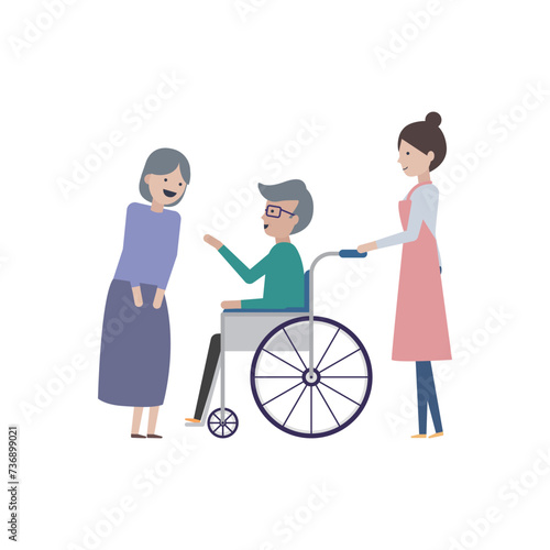 笑顔の老夫婦と介護士と車椅子