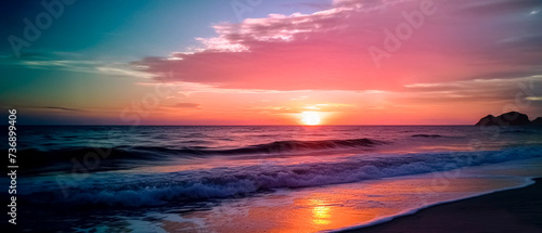 Beautiful Sunset on Beach, Seascape Panorama. Tranquil Horizon, Golden Sky, Serene Waves, Tropical Paradise. © art4all