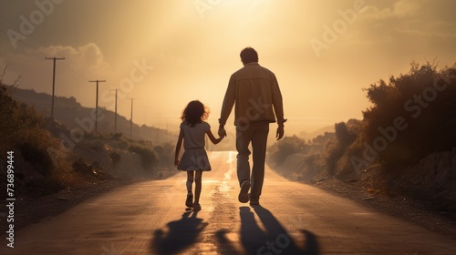 Father and daughter walking hand in hand on sunlit road