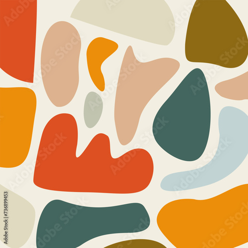 Modern abstract art design with organic shapes. Contemporary collage style design with hand drawn abstract shapes in trendy warm color palette. 
