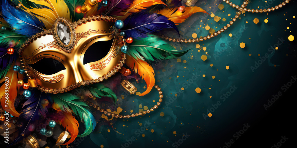 Carnival mask with colorful feathers on abstract blurred background.