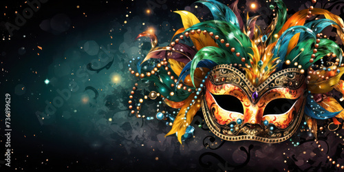 Carnival mask with colorful feathers on abstract blurred background. © julijadmi