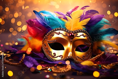 Carnival mask with colorful feathers on abstract blurred background.