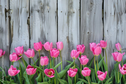 Bright Pink Tulips Against Aged Wooden Fence. Bright pink tulips stand out against a weathered wooden fence, symbolizing the beauty of spring against a backdrop of time-worn texture.