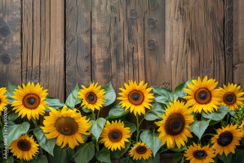 Bright Sunflowers on Dark Wooden Rustic Background. A cheerful row of vibrant sunflowers lined up against a dark rustic wooden backdrop  bringing a touch of summer indoors.